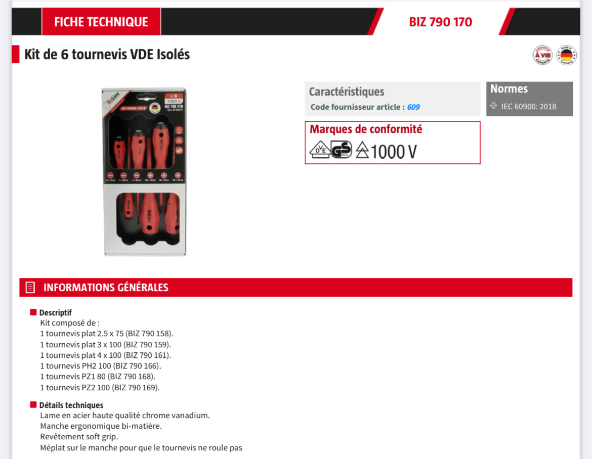 Kit de 6 tournevis VDE Isolés