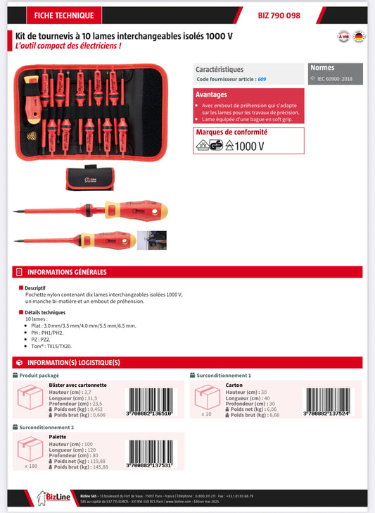 Kit de tournevis à 10 lames interchangeables isolés 1000 V